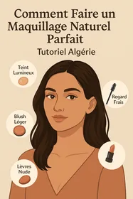 Portrait d’une femme algérienne au maquillage naturel illustrant les étapes d’un tutoriel beauté : teint lumineux, regard frais, blush léger et lèvres nude.