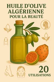 Bouteille d’huile d’olive algérienne entourée d’olives et de figues de barbarie, représentant ses 20 usages beauté naturels.