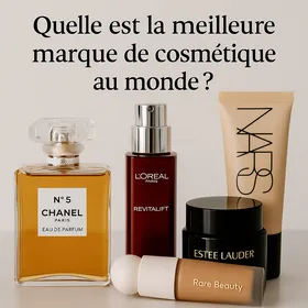Image de présentation d’un article sur la meilleure marque de cosmétique au monde — produits Chanel, L’Oréal, Estée Lauder, NARS et Rare Beauty sur fond neutre.