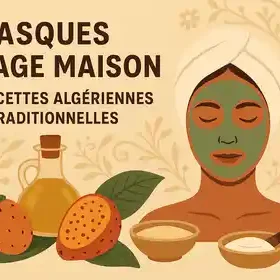 Femme portant un masque visage vert naturel entourée d’ingrédients algériens traditionnels comme la figue de barbarie et l’huile d’argan.