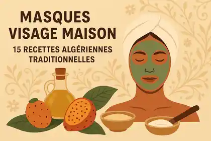 Femme portant un masque visage vert naturel entourée d’ingrédients algériens traditionnels comme la figue de barbarie et l’huile d’argan.