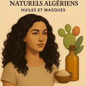 Femme algérienne aux cheveux bouclés illustrant les soins capillaires naturels avec huiles et masques traditionnels.