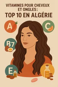 Femme aux cheveux longs illustrant les bienfaits des vitamines A, C, E et B7 pour la santé des cheveux et des ongles en Algérie.