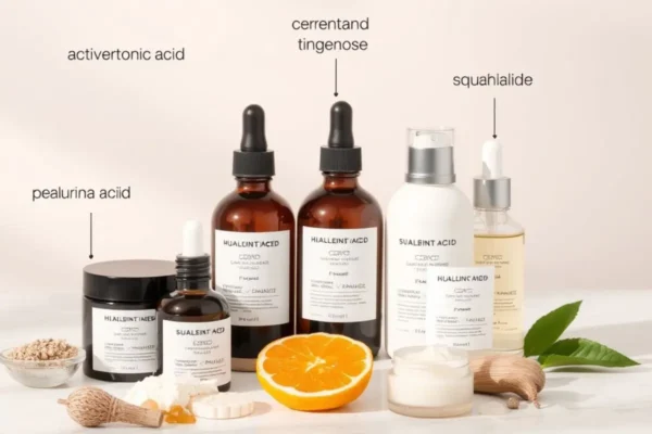 Actifs clés des crèmes hydratantes en Algérie : acide hyaluronique, céramides, niacinamide, squalane.