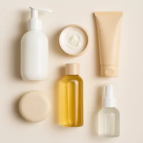 assortiment de produits cosmétiques sur fond beige minimaliste