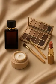 Produits de beauté algériens : parfum, maquillage et crème posés sur fond beige satiné, éclairage doux et naturel