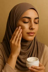 Femme algérienne appliquant soin cosmétique naturel à base d’ingrédients locaux