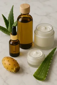 Soins cosmétiques naturels en Algérie avec huile d’argan et figue de Barbarie sur table en marbre