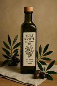 bouteille d’huile d’olive algérienne bio posée sur un linge beige avec rameaux d’olivier et olives fraîches
