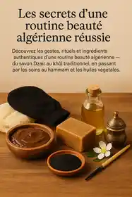 Un arrangement harmonieux de produits de beauté traditionnels algériens — savon Dzaïr, gant de gommage, huile végétale, khôl, fleur d’oranger et accessoires artisanaux — posés sur un fond en bois chaud, illustrant une routine beauté authentique et naturelle d’Algérie.
