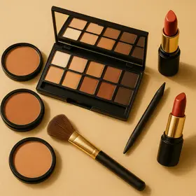 Palette de maquillage algérienne, khôl et rouge à lèvres sur fond doré, lumière naturelle