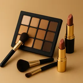 Palette de maquillage algérienne avec pinceaux et rouges à lèvres sur fond beige doré, éclairage naturel doux