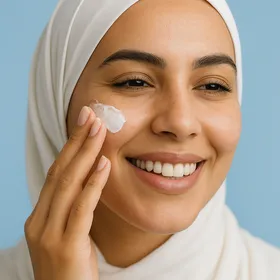 Femme algérienne appliquant crème NIVEA, fond bleu, ambiance fraîche et naturelle