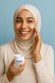 Femme algérienne appliquant crème NIVEA Visage, sourire naturel, fond bleu pastel