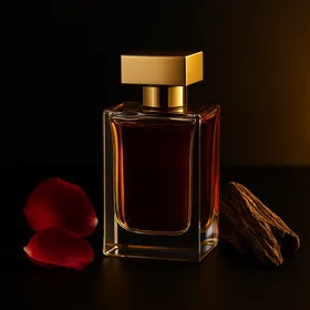 Flacon de parfum algérien sur fond noir avec éclat doré, entouré de pétales de rose et de bois d’oud