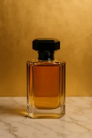 Flacon de parfum algérien posé sur fond doré, symbolisant luxe et tradition