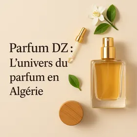 Parfum DZ – L’univers du parfum en Algérie avec flacon doré et fleurs blanches