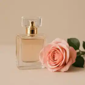 Flacon de parfum élégant avec une rose rose sur fond beige, symbolisant la féminité et le raffinement des parfums pour femmes en Algérie