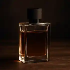 Flacon de parfum masculin élégant sur fond sombre avec reflets ambrés, symbolisant la puissance et le raffinement des fragrances pour hommes en Algérie.
