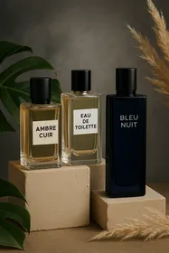 trois flacons de parfum homme disposés sur des blocs beiges avec un fond gris et des feuilles vertes