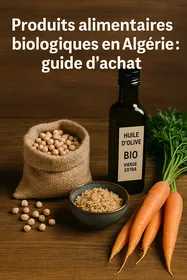 assortiment de produits alimentaires biologiques algériens comprenant huile d’olive, pois chiches, céréales et carottes fraîches sur fond en bois