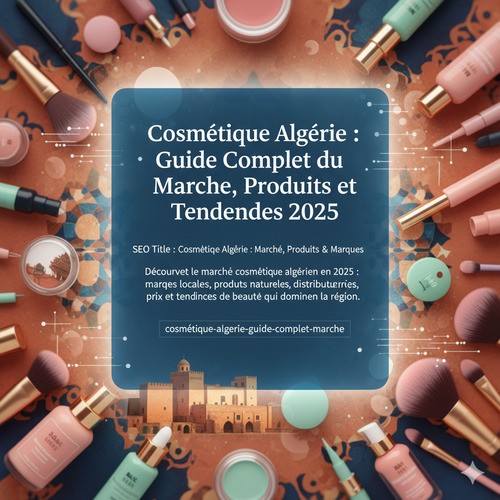 A digital display with text related to "Cosmétique Algérie" is superimposed over a flat lay of various makeup products and brushes in pastel pink and sage green tones. The text includes the main title "Cosmétique Algérie : Guide Complet du Marché, Produits et Tendences 2025," the SEO title, and meta description in French. In the background of the digital display, a stylized image of traditional Algerian architecture is subtly visible.