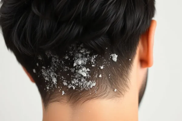 Cheveux foncés avec pellicules visibles sur le cuir chevelu et les épaules.