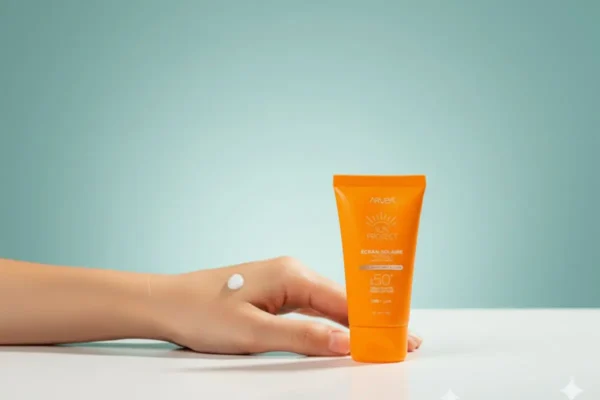 Application de crème solaire fluide invisible sur le visage en Algérie, protection optimale au soleil.
