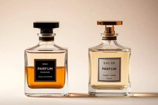 Différence entre eau de parfum et eau de toilette, flacons élégants sur fond neutre.