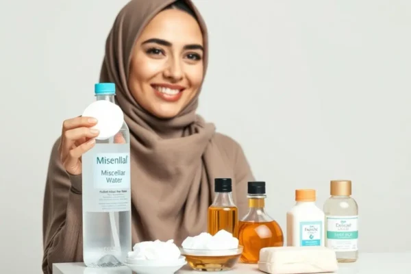 Femme algérienne utilisant de l'eau micellaire pour se démaquiller, avec des produits classiques à côté.