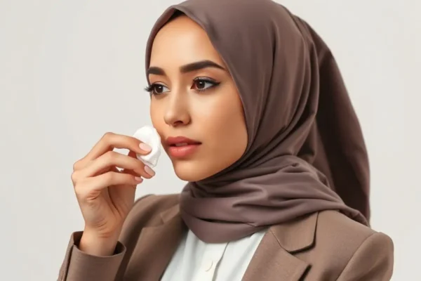 Femme pressée utilisant de l'eau micellaire pour un démaquillage rapide.