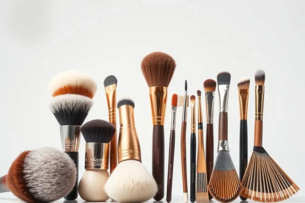 Fibres et formes de pinceaux maquillage en Algérie : synthétiques, naturels, biseautés, dôme, plat.