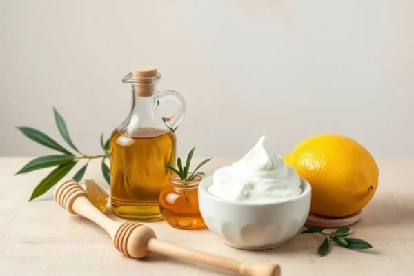 Sélection d’ingrédients de beauté maison : huile d’olive, miel, yaourt, citron .
