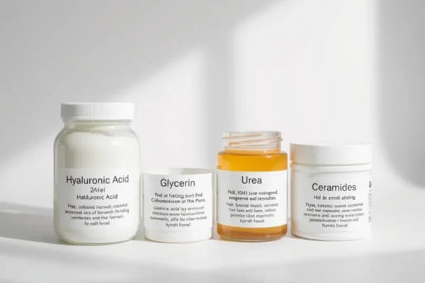Ingrédients clés des crèmes hydratantes économiques : acide hyaluronique, glycérine, urée, céramides.