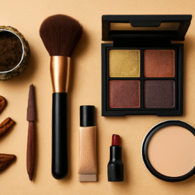 Collection de produits de maquillage traditionnels et modernes, y compris du khol, des pinceaux, des palettes d'ombres et des produits de beauté contemporains.