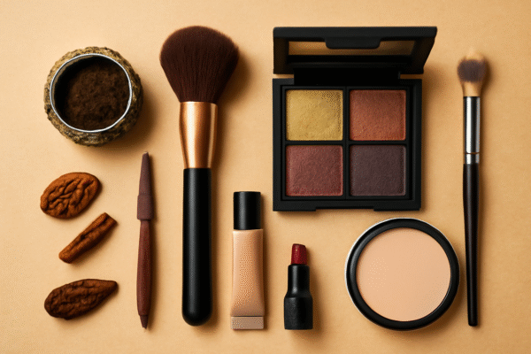 Collection de produits de maquillage traditionnels et modernes, y compris du khol, des pinceaux, des palettes d'ombres et des produits de beauté contemporains.