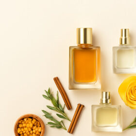 Trois bouteilles de parfum accompagnées de bâtons de cannelle, de romarin et d'une rose jaune, représentant l'harmonie entre la parfumerie traditionnelle et moderne.