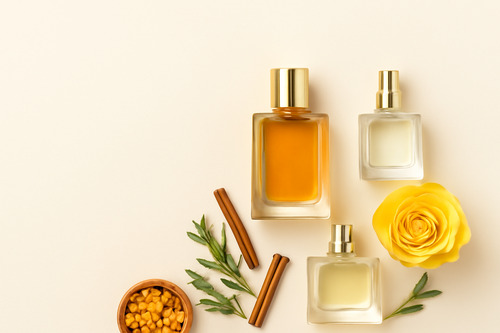 Trois bouteilles de parfum accompagnées de bâtons de cannelle, de romarin et d'une rose jaune, représentant l'harmonie entre la parfumerie traditionnelle et moderne.