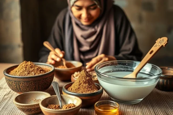 Préparation traditionnelle du henné naturel en Algérie avec eau chaude et huile d’olive.