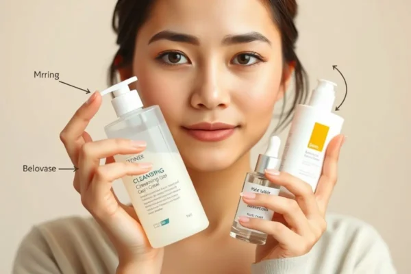 Routine matin pour peau grasse en Algérie avec gel nettoyant, sérum niacinamide-zinc et crème solaire.