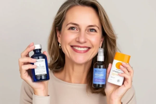 Routine matin pour peau mature en Algérie avec sérum vitamine C, hydratant et crème solaire.