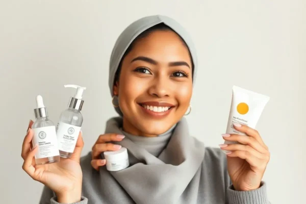 Routine matin pour peau mixte en Algérie avec gel nettoyant, sérum hydratant et crème solaire.