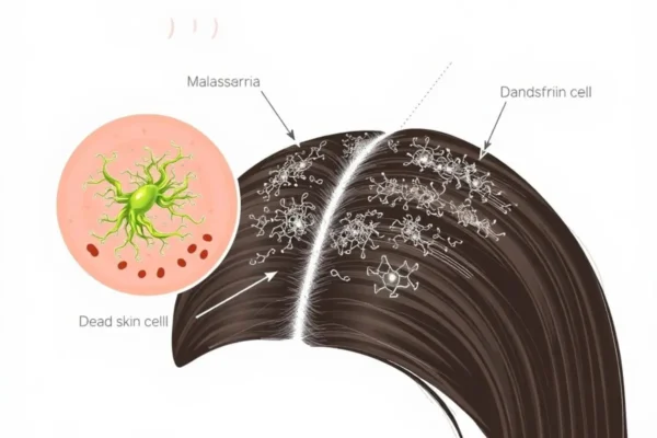 Schéma de la formation des pellicules sur le cuir chevelu avec le champignon Malassezia.