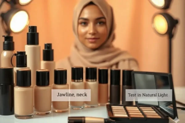 Tester la teinte de fond de teint en Algérie, mâchoire, cou, lumière naturelle.

